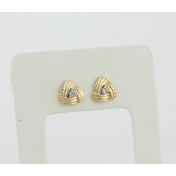 14k Yellow Gold Diamond Triangle Design Earrings Stud Post - Picture 8 of 8